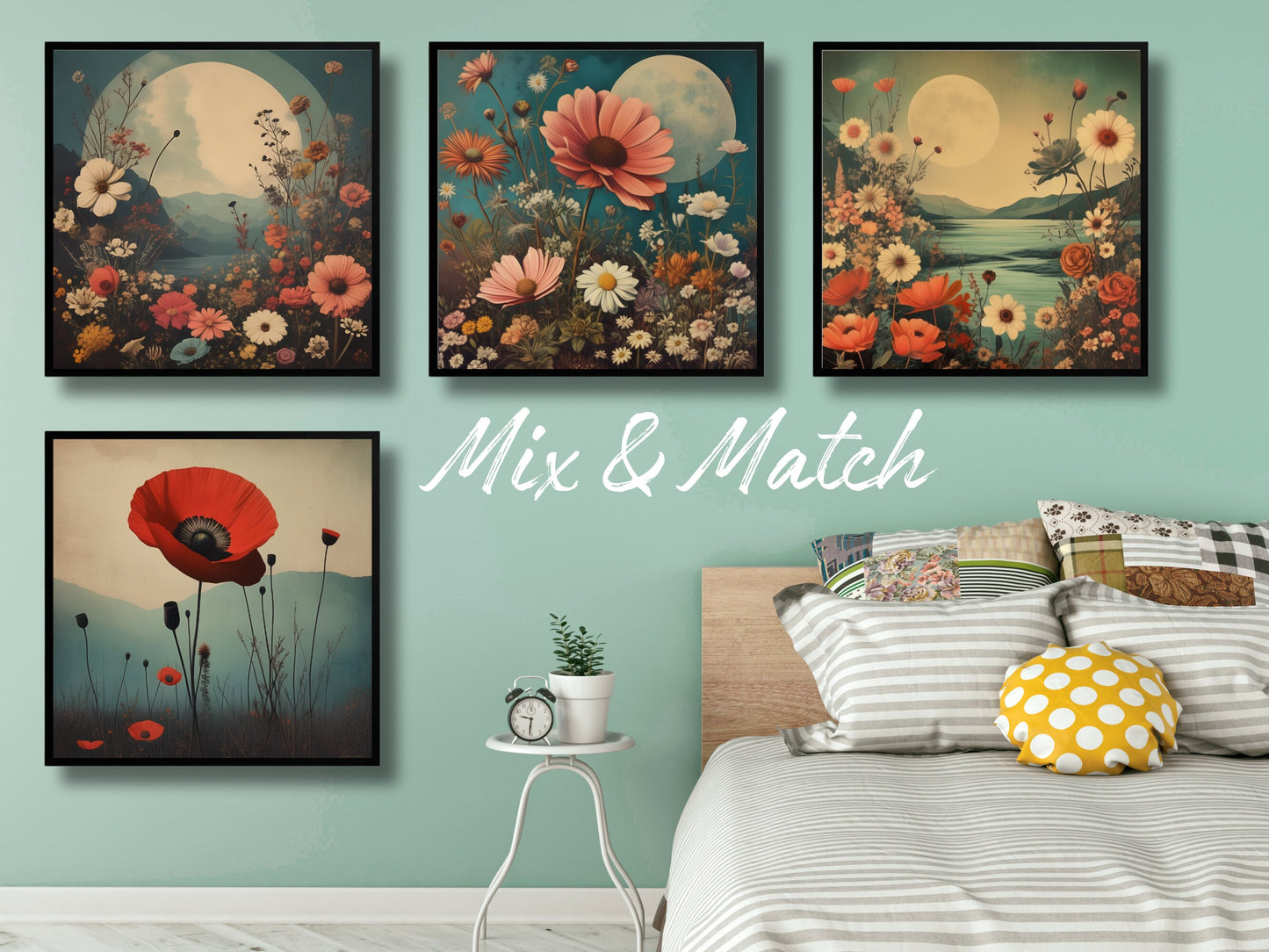 Surrealist Floral Art Print, Moonlit Garden Scene, Digital Wall Art