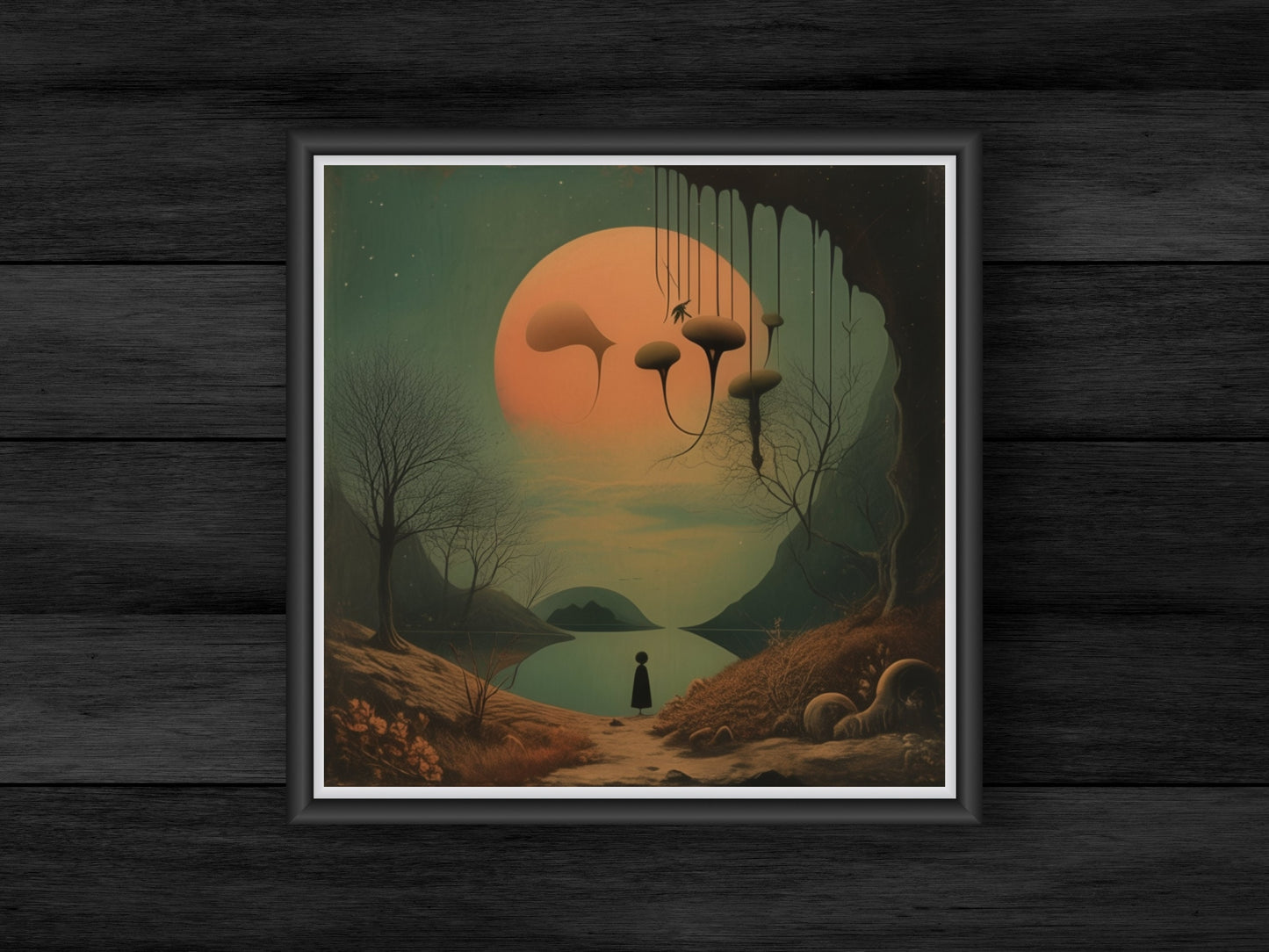 Paysage surréaliste Digital Wall Art, Orange Moon Over Lake, Téléchargement instantané, Scène de nature éthérée, Décor de rêve, Ratio 1:1, Scifi rétro