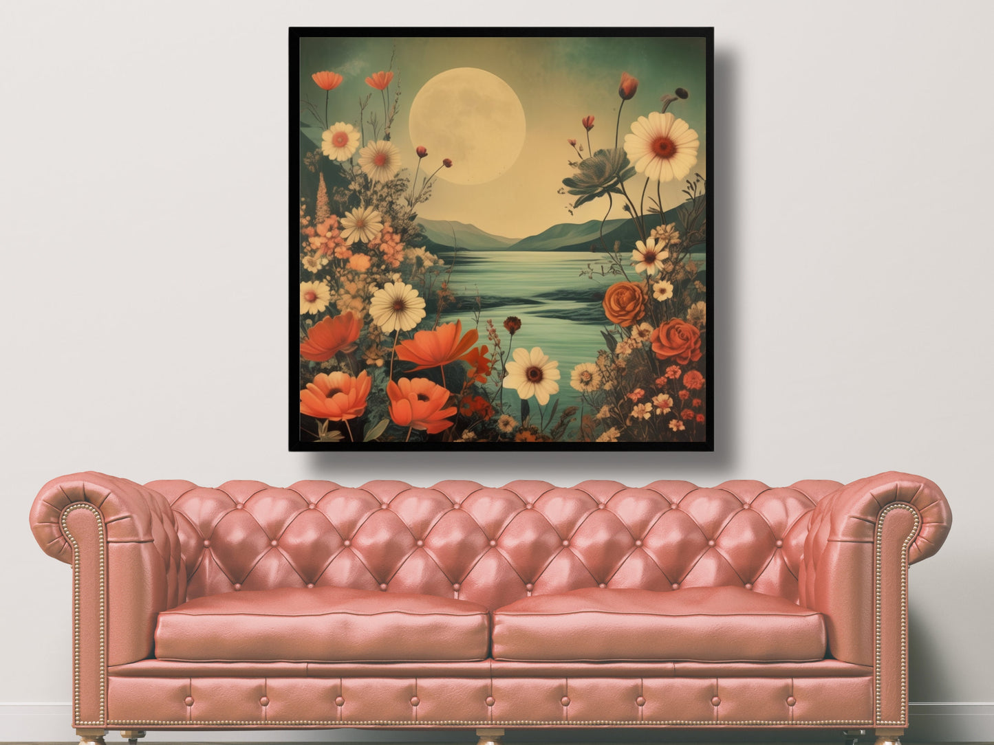 Surréaliste Moonlit Lake Floral Scene Digital Wall Art, Téléchargement instantané, Décoration intérieure, Rapport 1:1 Paysage surréaliste la nuit, montagnes, marguerite