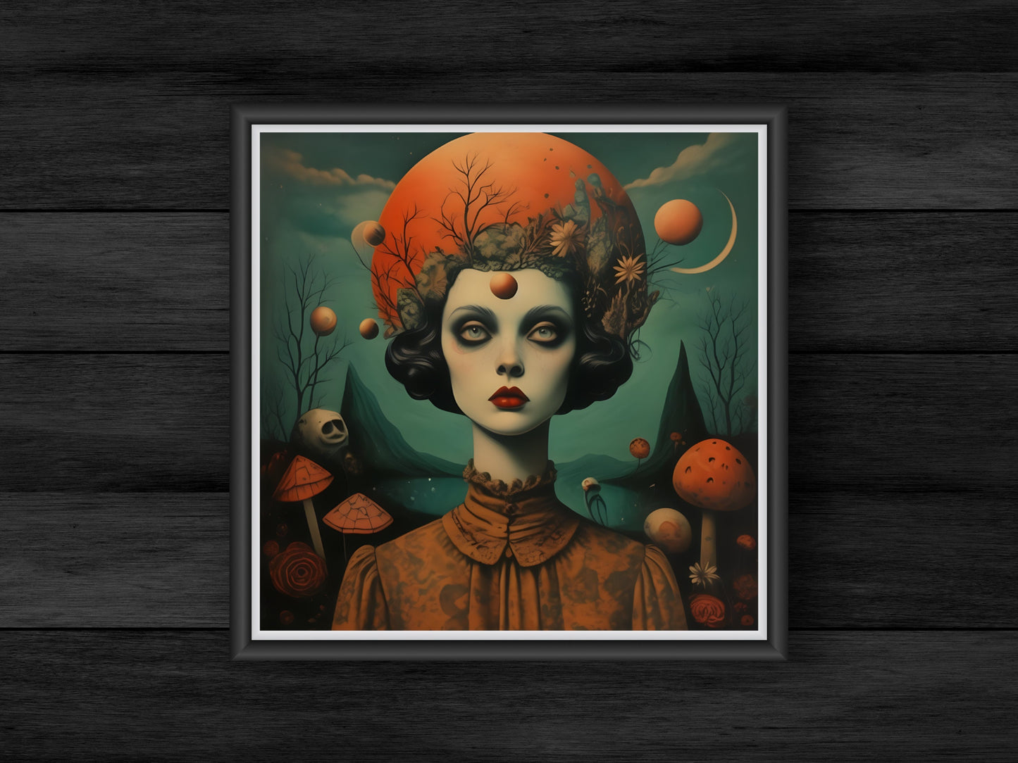 Surréaliste Autumn Woman Art Print, Téléchargement instantané numérique, Décoration murale Ratio 1:1, Affiche surréaliste, Tête de femme Retro Scifi, arbres et fleurs