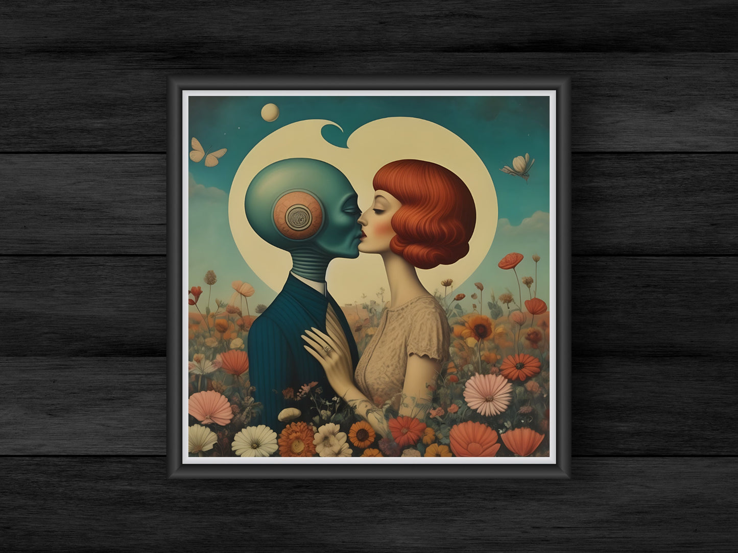 Surrealist Art Print, Digital Download, Couple Embrace with Nature Background