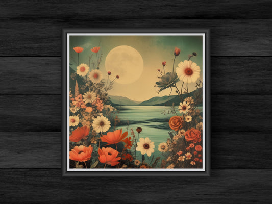 Surréaliste Moonlit Lake Floral Scene Digital Wall Art, Téléchargement instantané, Décoration intérieure, Rapport 1:1 Paysage surréaliste la nuit, montagnes, marguerite