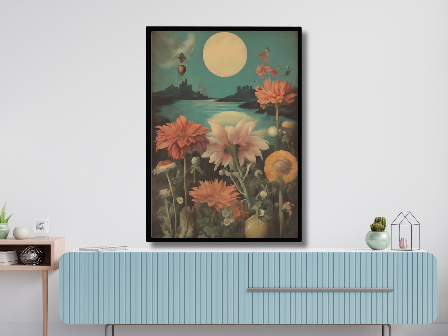 Wild Flowers Bloom Under Full Moon: Vintage Surrealist Cityscape Wall Art