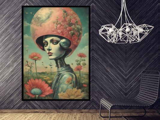 Un portrait surréaliste d’une astronaute féminine, un casque spatial floral vintage - Dreamy Sci-Fi Wall Art Téléchargement numérique pour une décoration intérieure fantaisiste