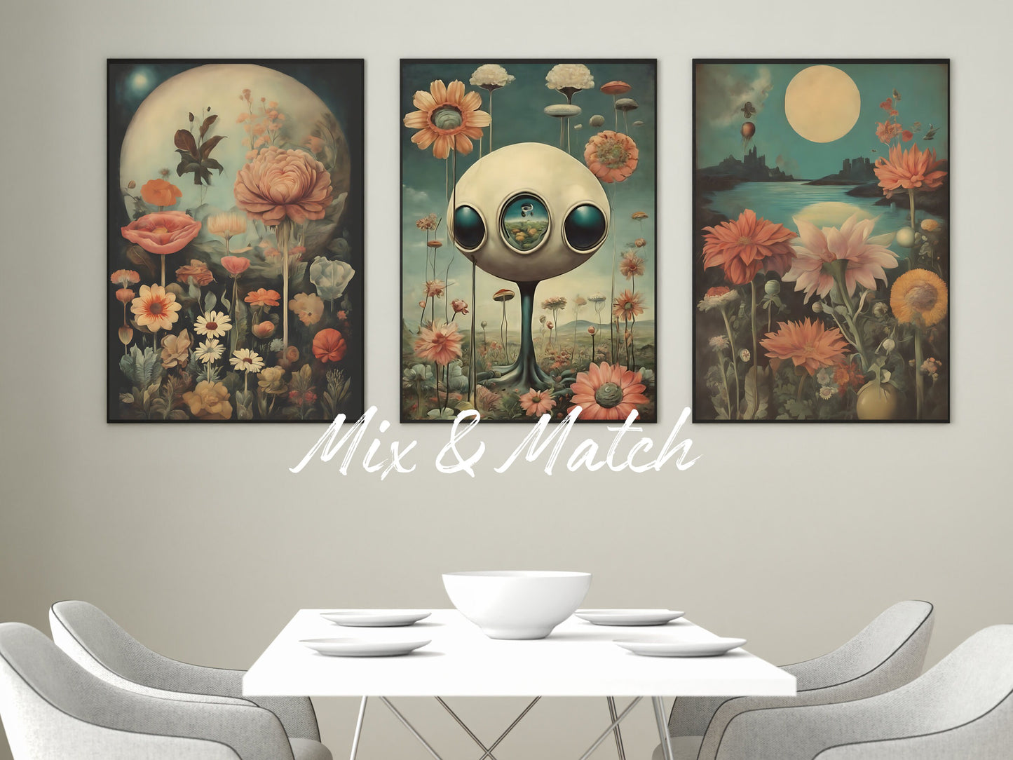 Wild Flowers Bloom Under Full Moon: Vintage Surrealist Cityscape Wall Art