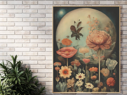 Impression numérique surréaliste de lune florale, art mural d’inspiration vintage, grande affiche, décoration intérieure, téléchargement instantané, paysages de rêve fantaisistes, céleste