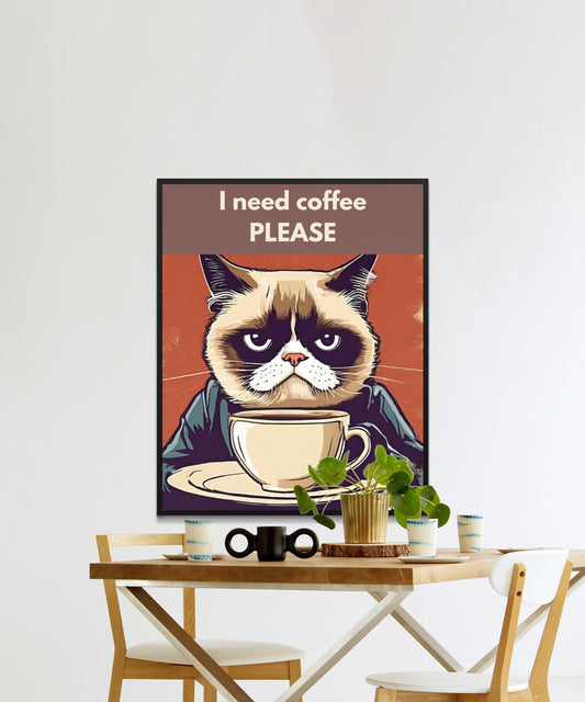 Grumpy Cat Coffee wall art print Lovers, Impression numérique, Funny Kitchen Wall Art, Cafe Decor, I Need Coffee Please Poster, Humour, Bureau