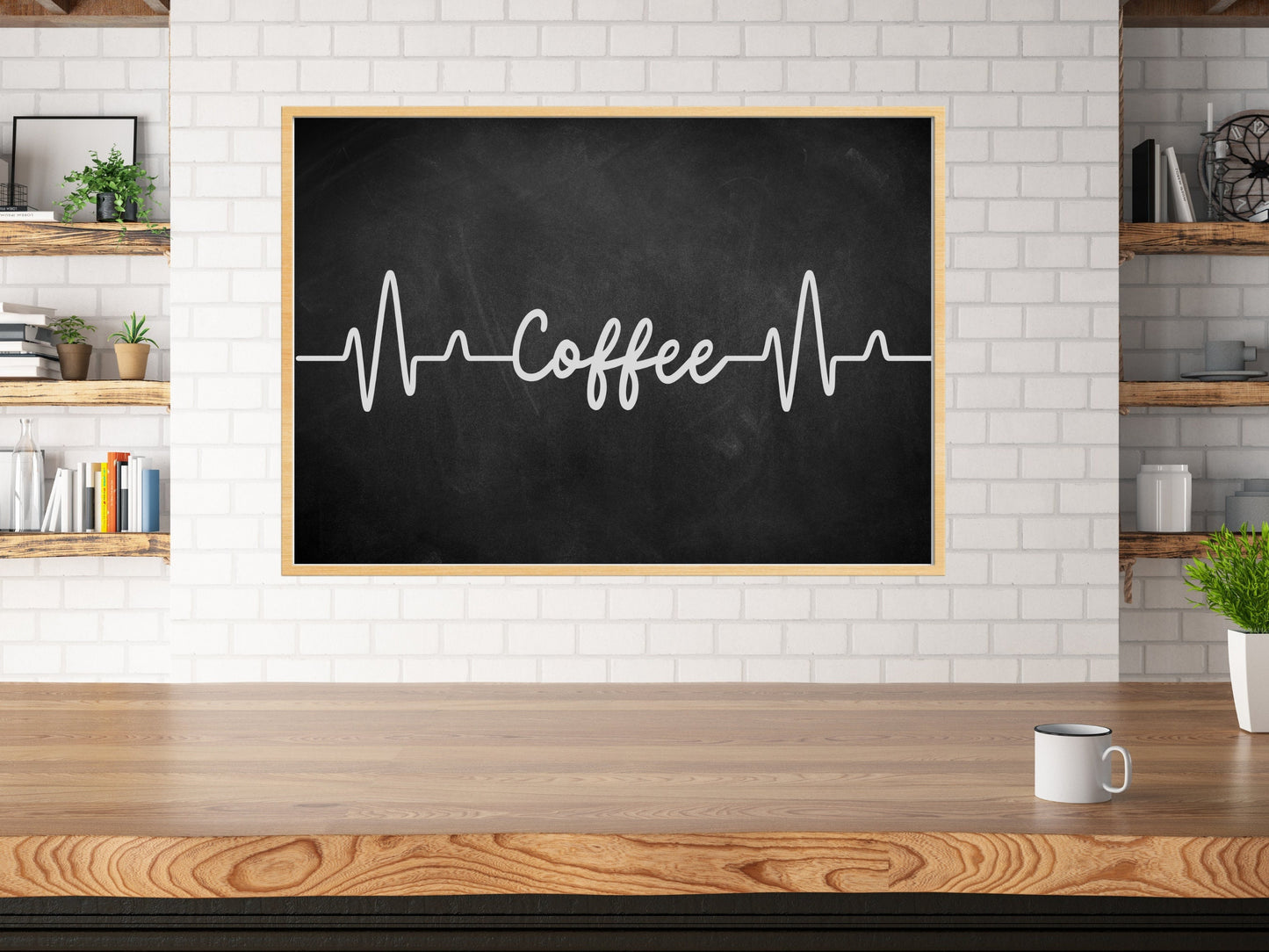 Affiche de café Heartbeat EKG Line Print, art mural numérique de style tableau noir et blanc pour les amateurs de café, décor de cuisine, boutique de café amusante