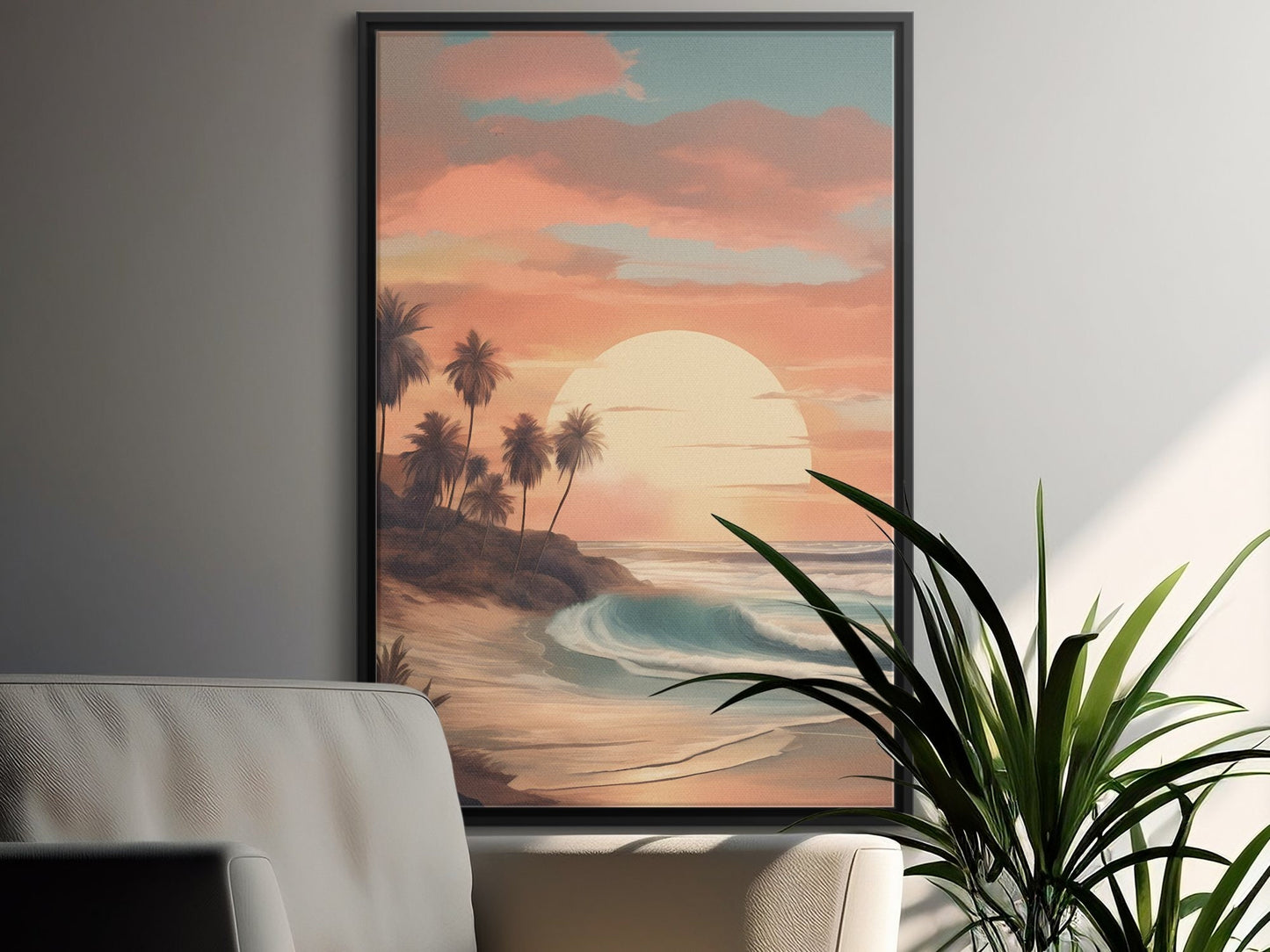 Tropical Beach Sunset Digital Print, Palm Trees Ocean Waves Wall Art, Coastal Home Decor