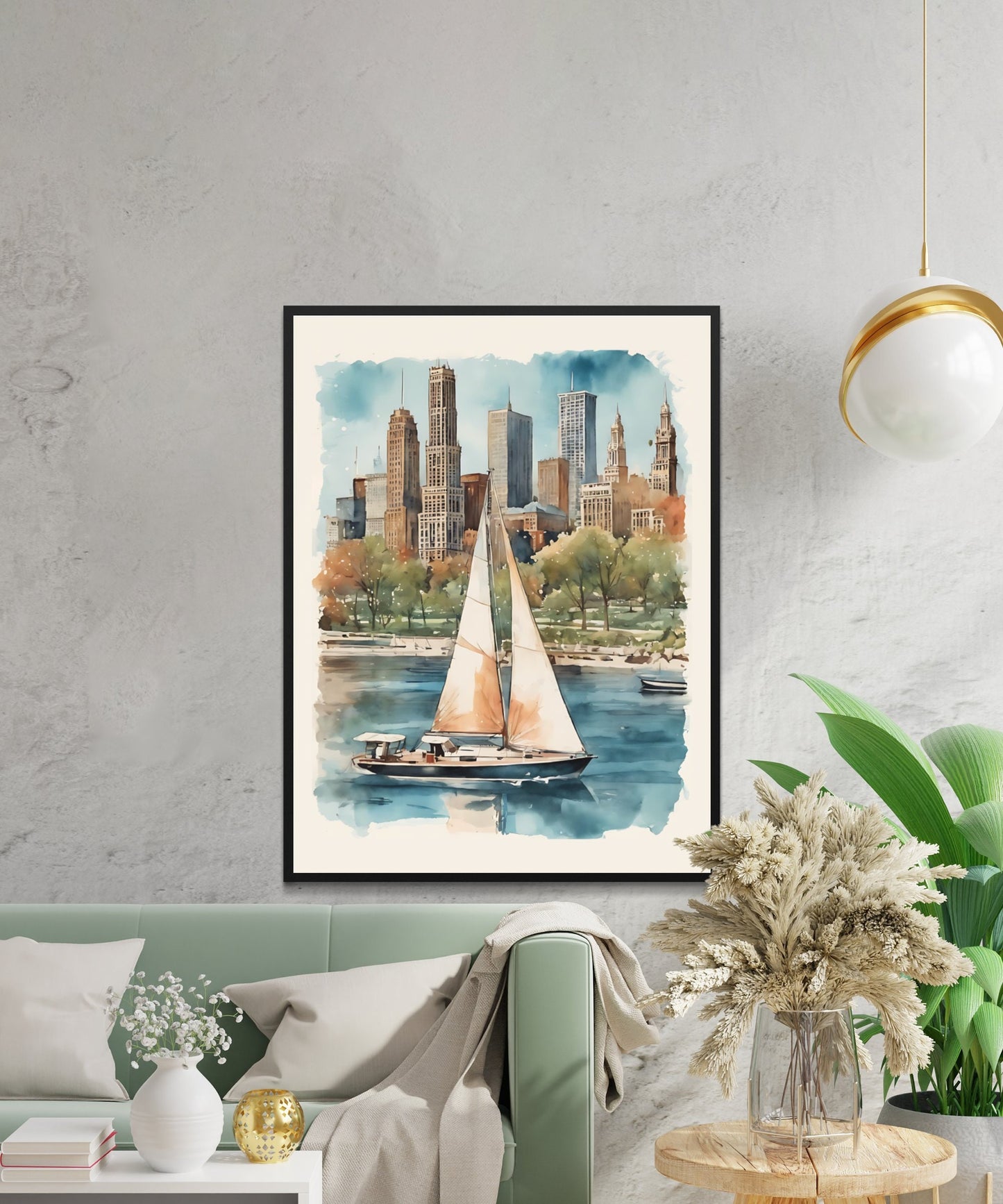 Chicago Skyline Watercolor Print, Sailboat Lake Scene, Urban Cityscape Digital Wall Art, Home Decor