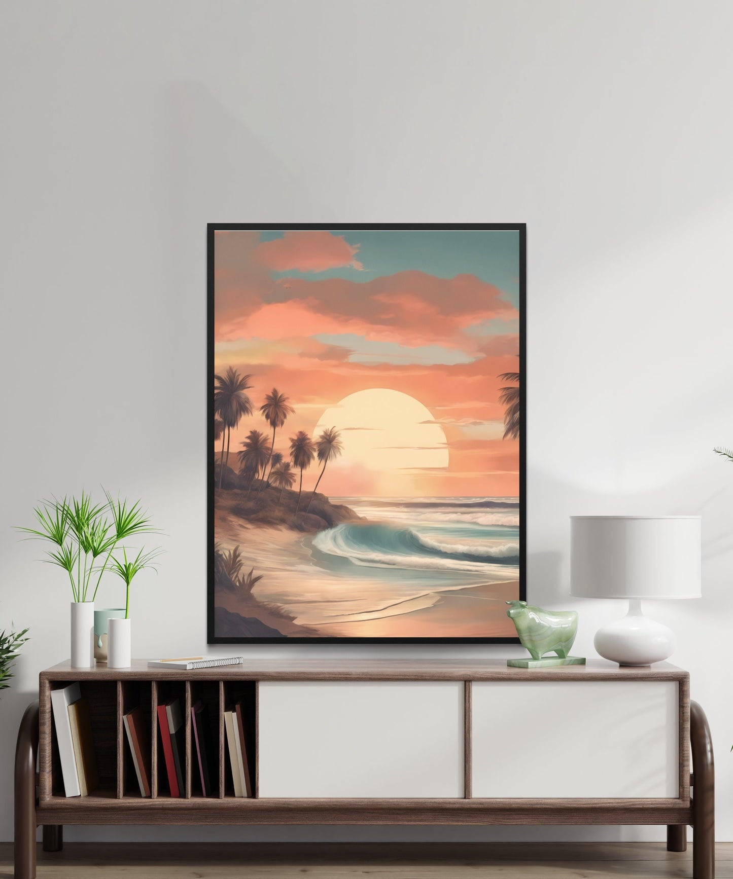 Tropical Beach Sunset Digital Print, Palm Trees Ocean Waves Wall Art, Coastal Home Decor