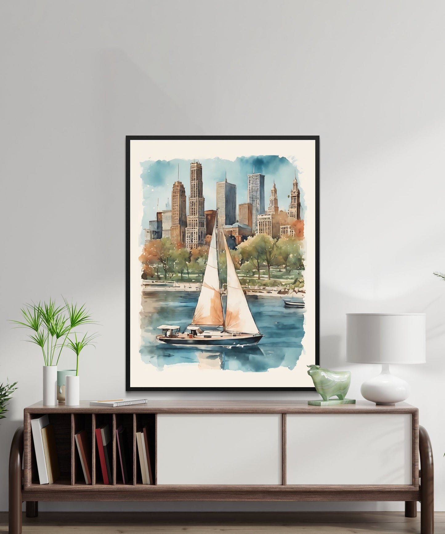 Chicago Skyline Watercolor Print, Sailboat Lake Scene, Urban Cityscape Digital Wall Art, Home Decor