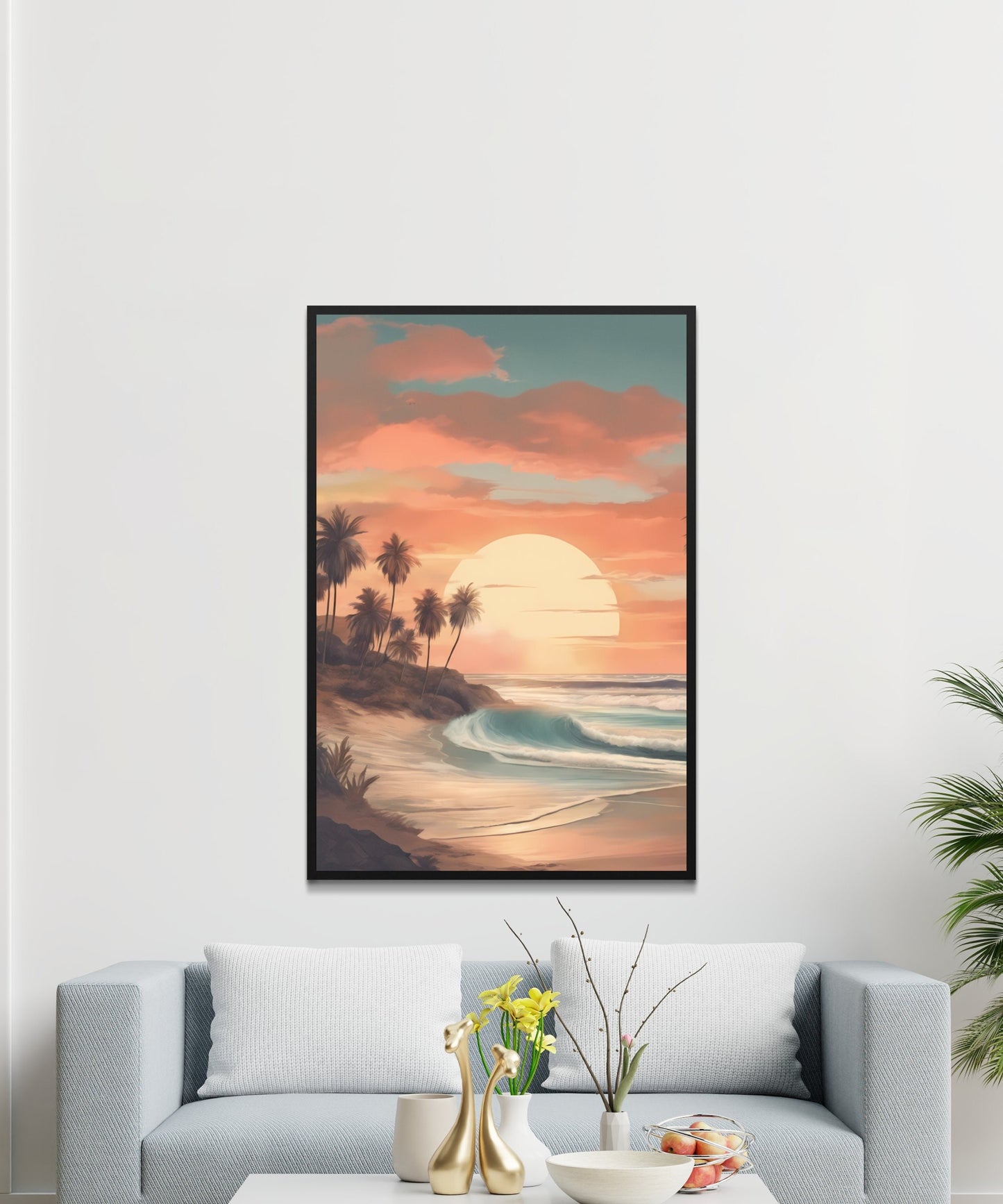 Tropical Beach Sunset Digital Print, Palm Trees Ocean Waves Wall Art, Coastal Home Decor