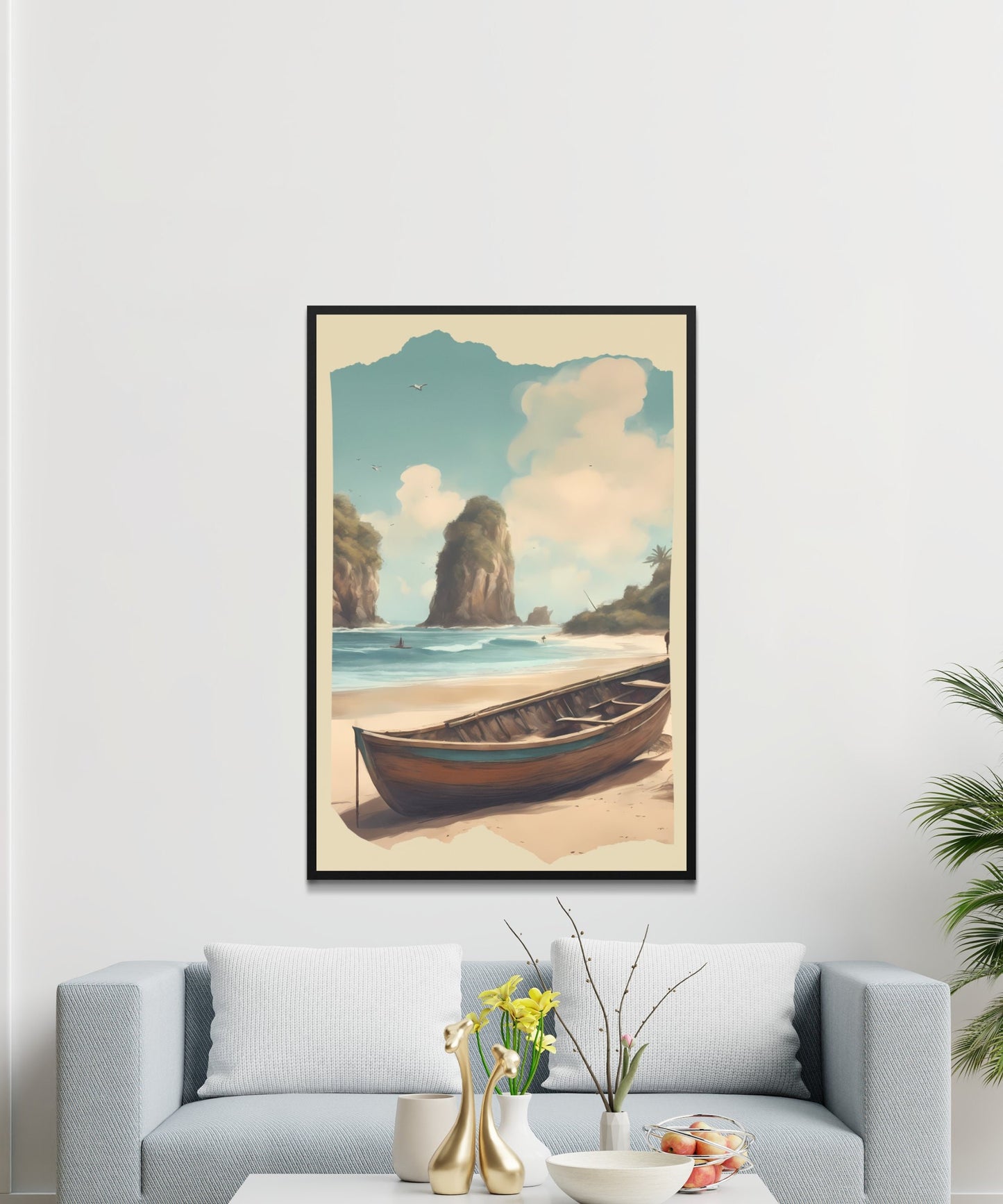 Tropical Beach Digital Print, Serene Ocean View with Boat, Coastal Wall Art Decor, Instant Download