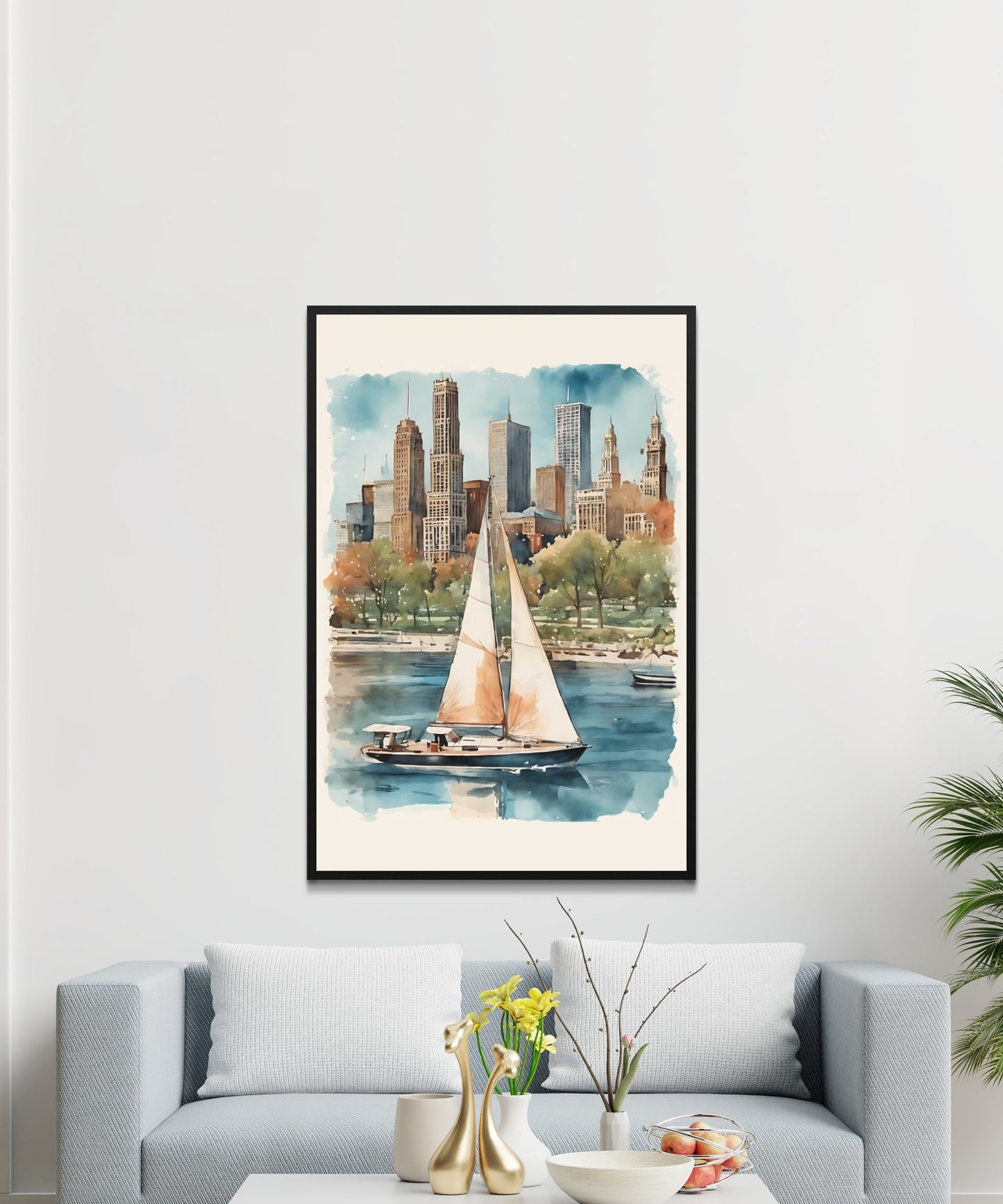 Chicago Skyline Watercolor Print, Sailboat Lake Scene, Urban Cityscape Digital Wall Art, Home Decor