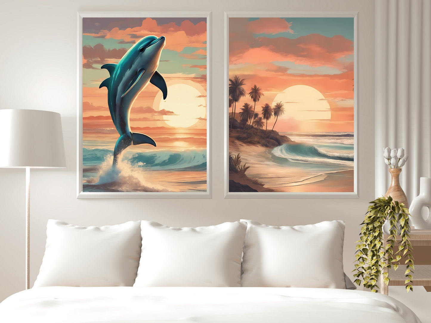 Jumping Dolphin Ocean Sunset Wall Art, Impression numérique, Décoration intérieure côtière, Affiche de paysage marin vibrant