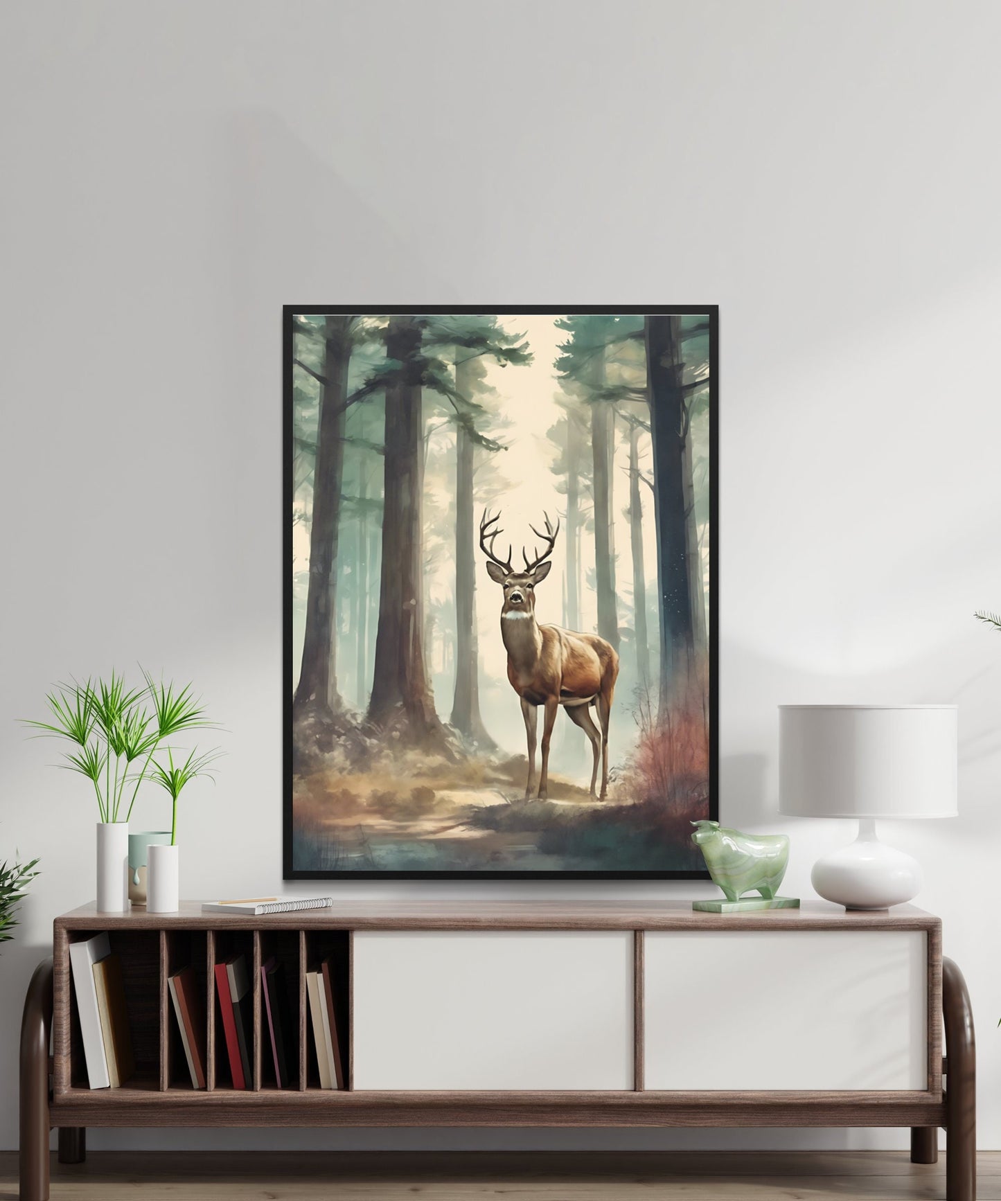 Majestic Deer in Misty Forest Digital Wall Art, Atmospheric Wildlife Scenery, Instant Download