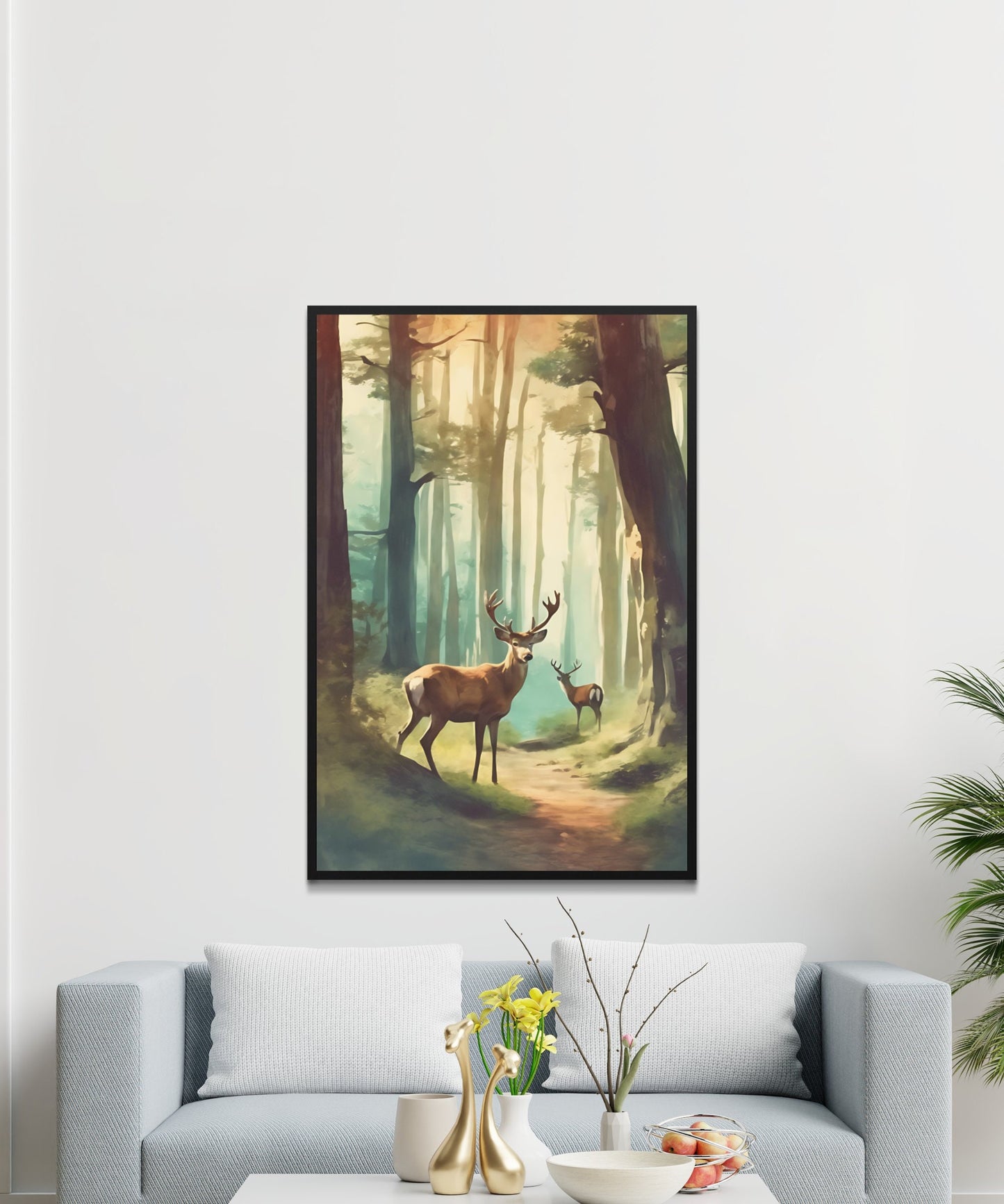 Mystical Forest Deer Scenery Digital Art Print, Décoration murale inspirée de la nature, Téléchargement instantané