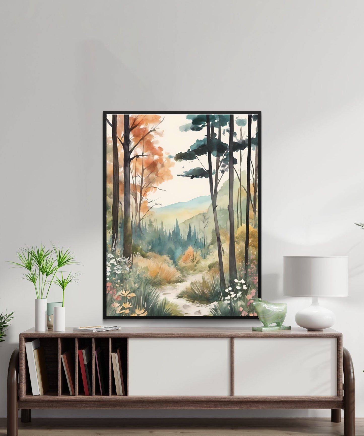 Peinture à l’aquarelle de la forêt d’automne, téléchargement numérique, art mural rustique, scène naturelle tranquille