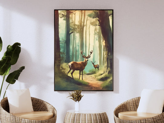 Mystical Forest Deer Scenery Digital Art Print, Décoration murale inspirée de la nature, Téléchargement instantané