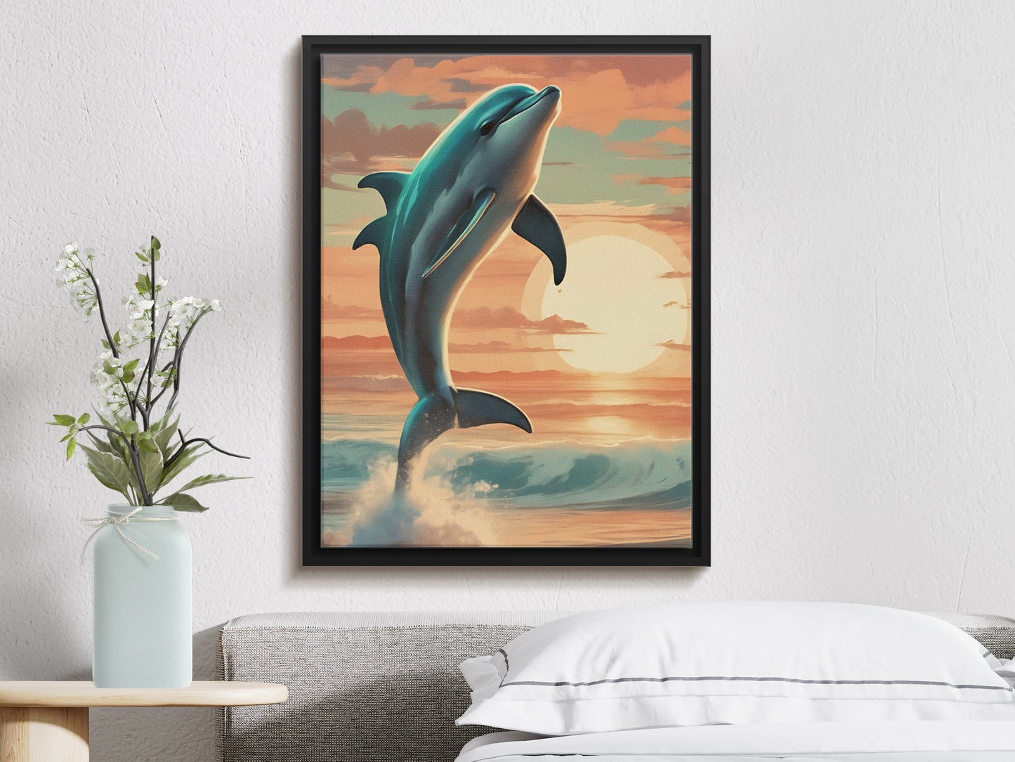 Jumping Dolphin Ocean Sunset Wall Art, Impression numérique, Décoration intérieure côtière, Affiche de paysage marin vibrant