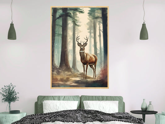 Cerf majestueux dans la forêt brumeuse Art mural numérique, paysage animalier atmosphérique, téléchargement instantané