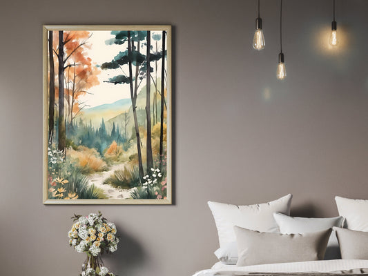 Autumn Forest Watercolor Painting, Digital Download, Rustic Wall Art, Tranquil Nature Scene