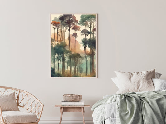 Misty Forest Digital Print, Watercolor Trees Landscape, Instant Download Wall Art, Home Decor