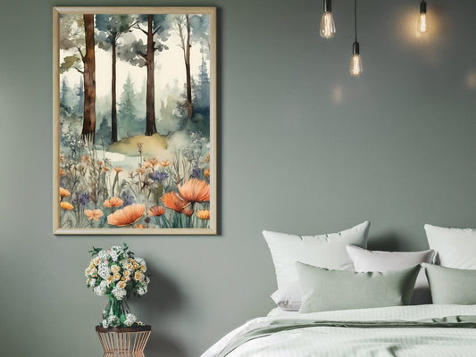 Aquarelle Forest Art, Printable Wall Art, Tranquil Woods Téléchargement numérique, Nature Decor, Misty Trees Landscape