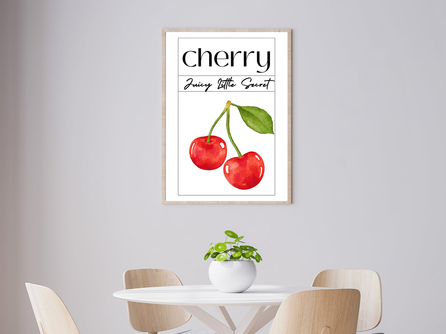 Cherry Print : Juicy Little Secret – Un art mural minimaliste et esthétique, affiche pour décoration de cuisine, embrassant la douceur des tendances estivales