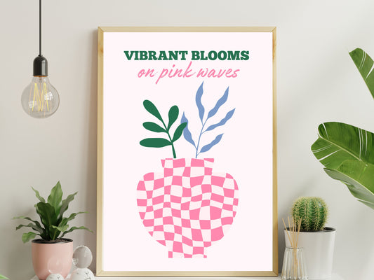 Vibrant Blooms on Pink Waves: Retro Matisse-Style Wavy Checkers