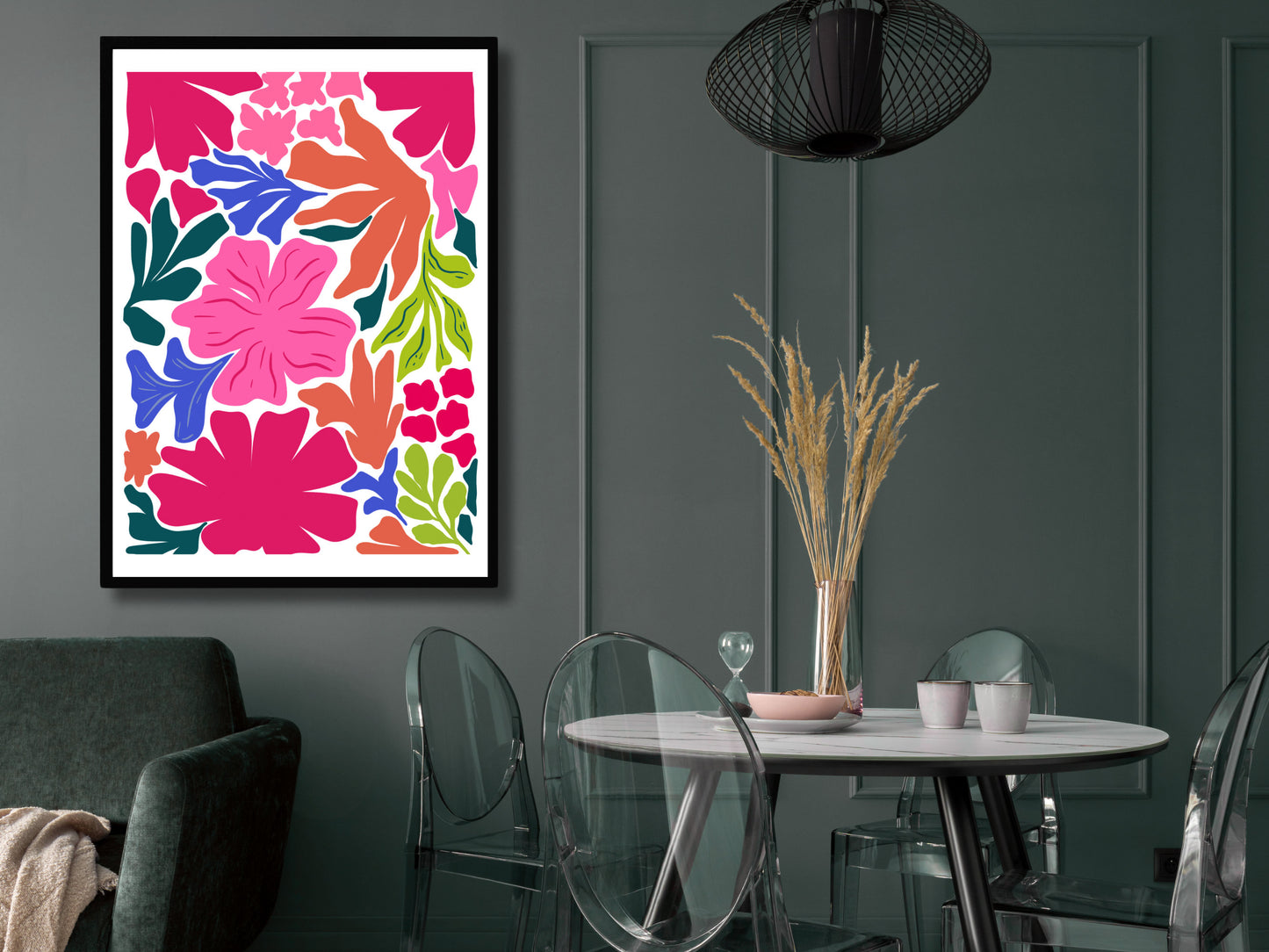 Rosy Rebellion: Vibrant Pink Floral Explosion, Maximalist Boho Wall Art