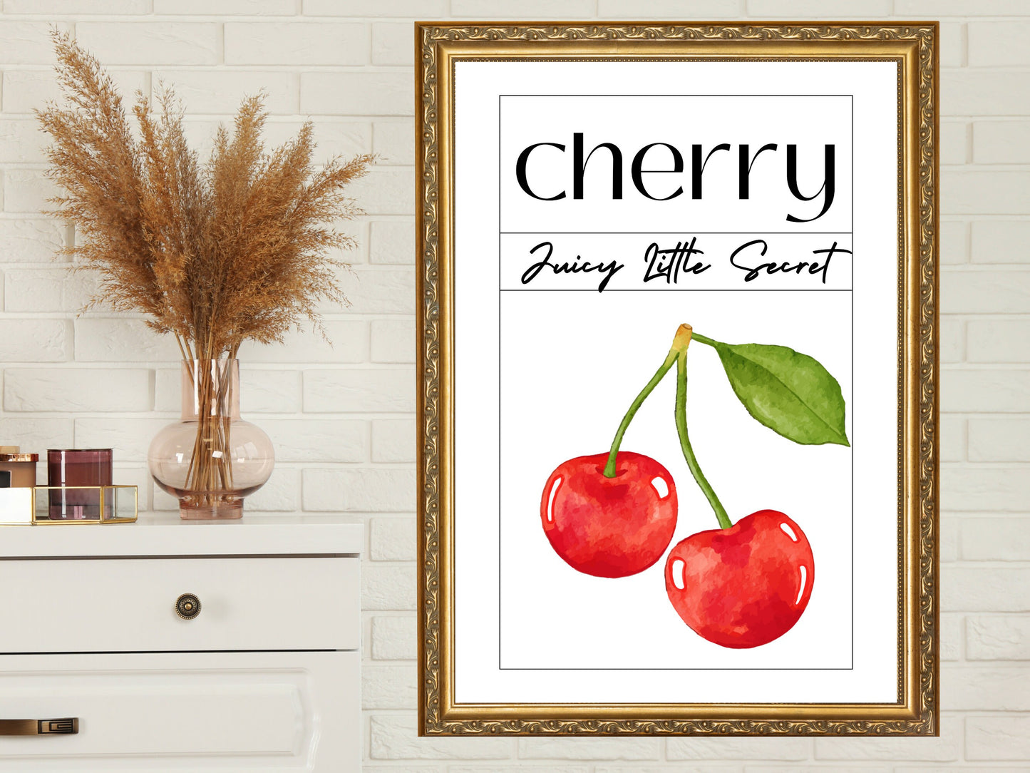 Cherry Print : Juicy Little Secret – Un art mural minimaliste et esthétique, affiche pour décoration de cuisine, embrassant la douceur des tendances estivales