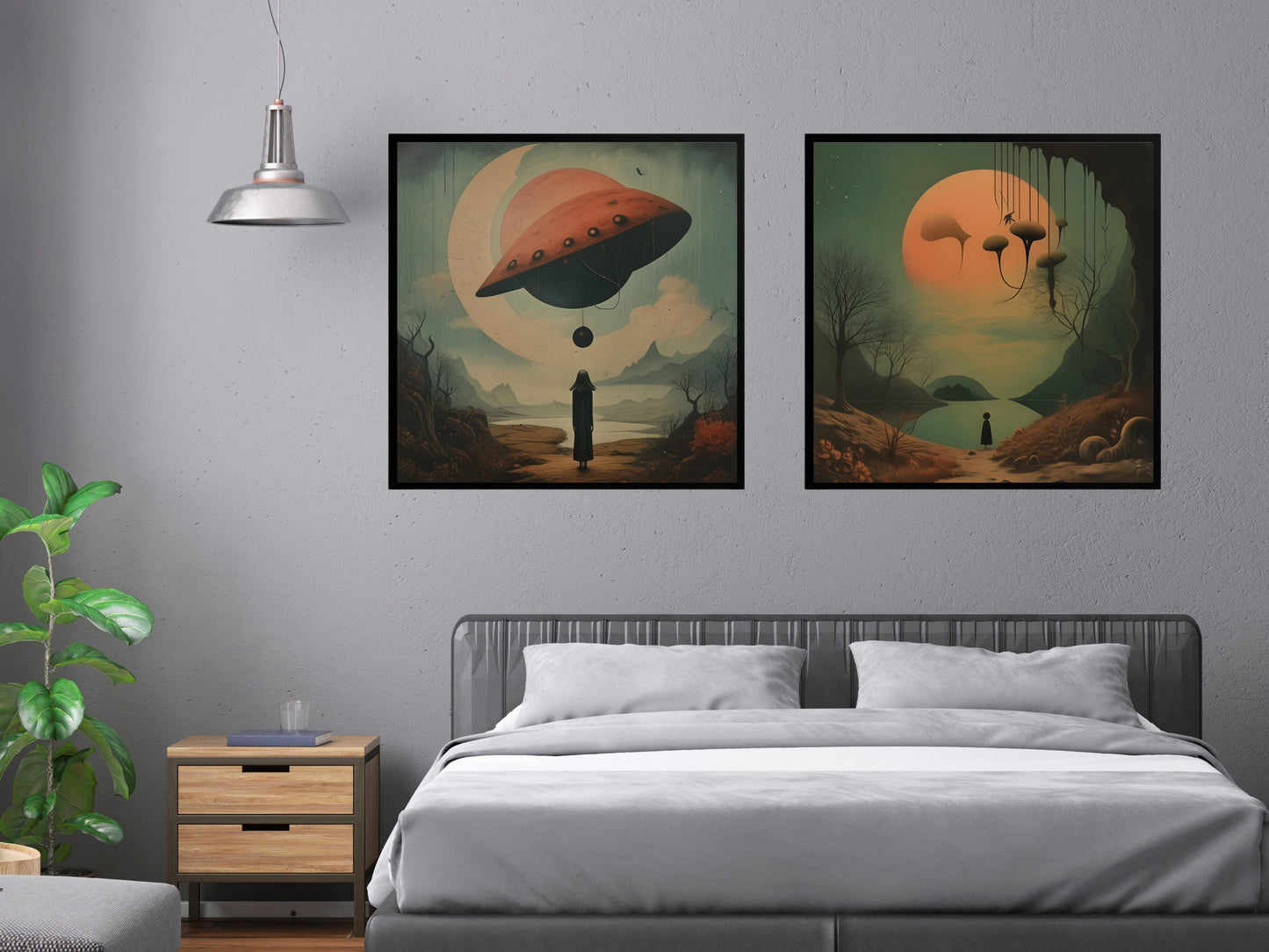 Paysage surréaliste Digital Wall Art, Orange Moon Over Lake, Téléchargement instantané, Scène de nature éthérée, Décor de rêve, Ratio 1:1, Scifi rétro