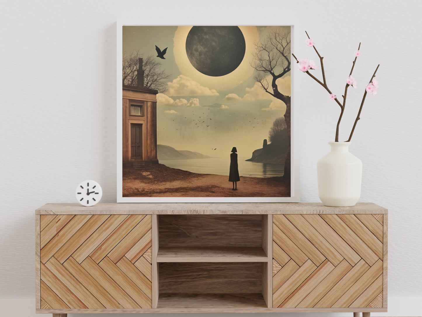 Impression d’art numérique surréaliste de paysage de lune, décor mural à téléchargement instantané, scène de rêve mystérieuse avec la lune, art surréaliste, affiche de nuit rétro