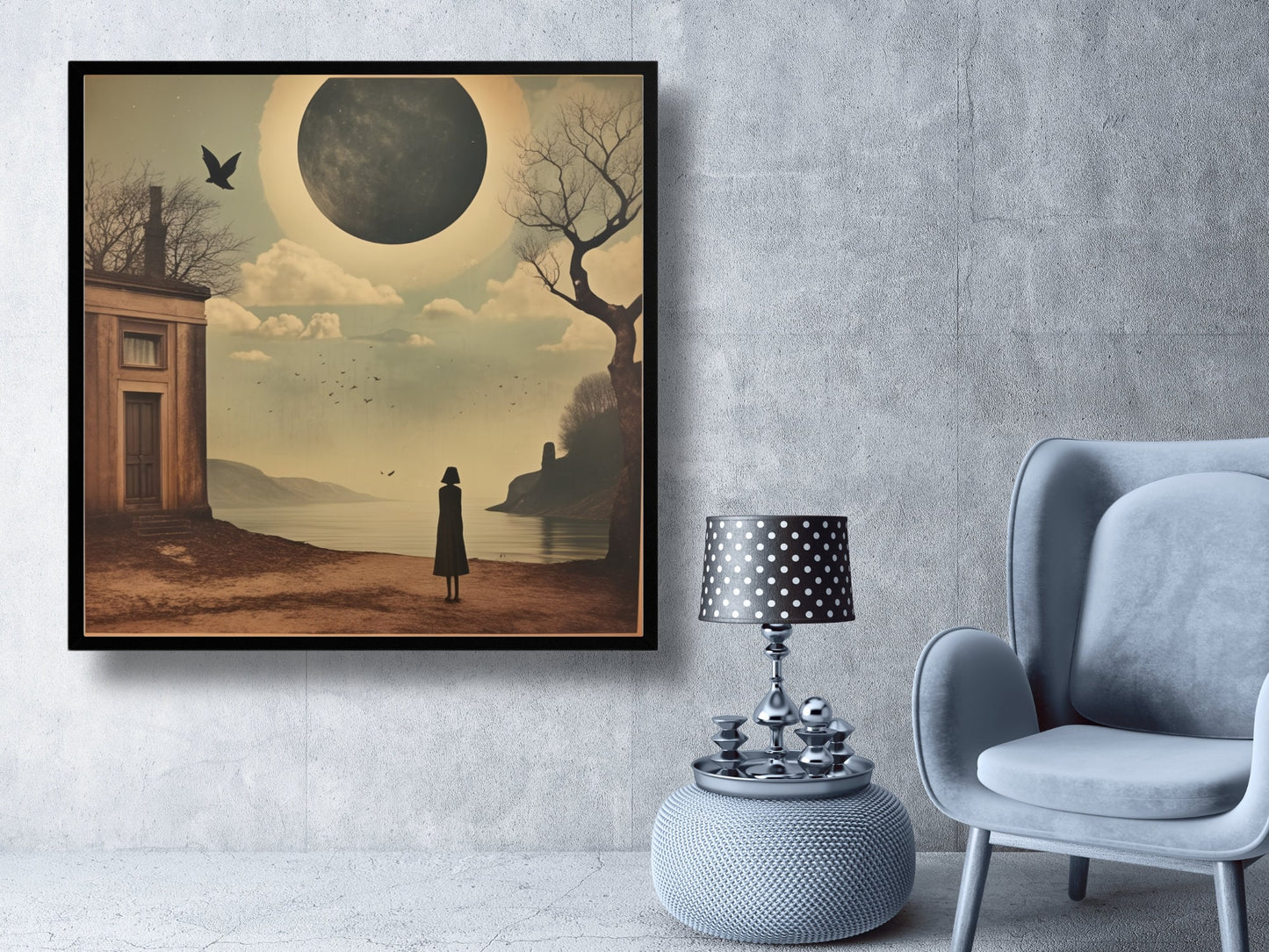 Impression d’art numérique surréaliste de paysage de lune, décor mural à téléchargement instantané, scène de rêve mystérieuse avec la lune, art surréaliste, affiche de nuit rétro