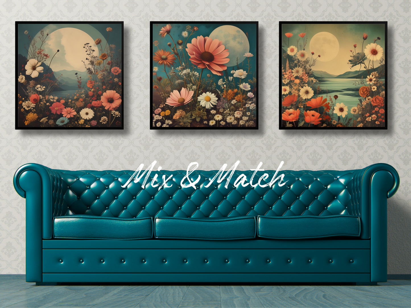 Surrealist Floral Art Print, Moonlit Garden Scene, Digital Wall Art