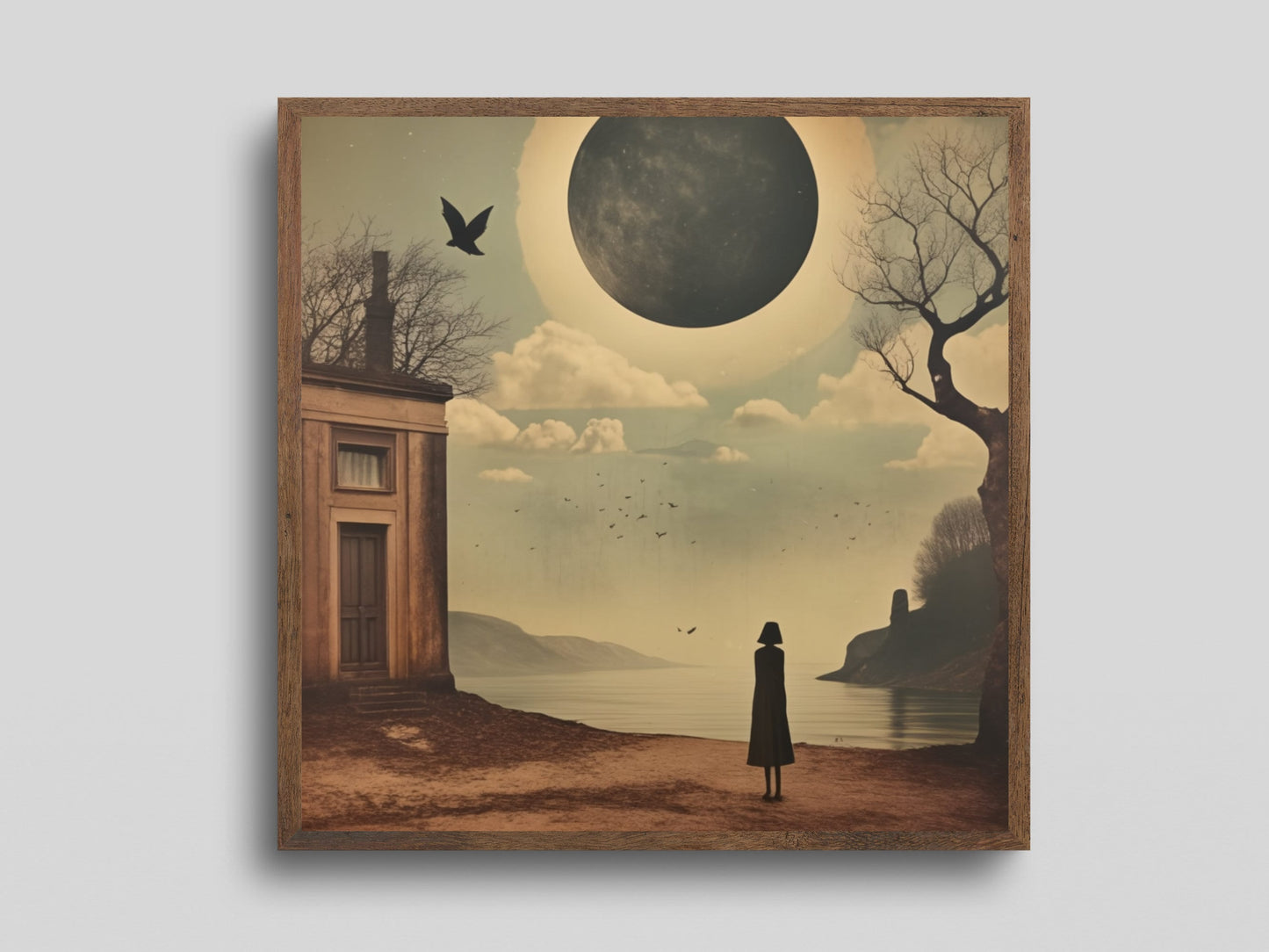 Impression d’art numérique surréaliste de paysage de lune, décor mural à téléchargement instantané, scène de rêve mystérieuse avec la lune, art surréaliste, affiche de nuit rétro