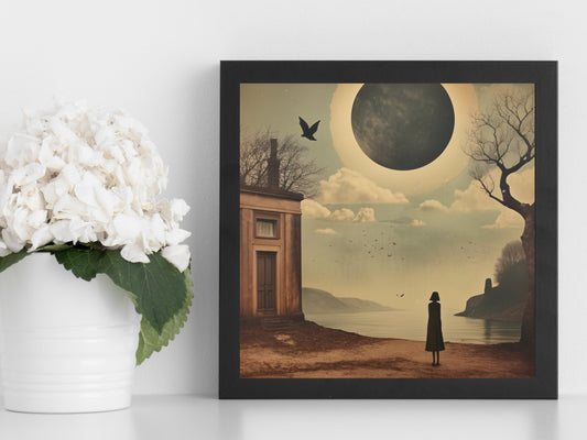 Impression d’art numérique surréaliste de paysage de lune, décor mural à téléchargement instantané, scène de rêve mystérieuse avec la lune, art surréaliste, affiche de nuit rétro