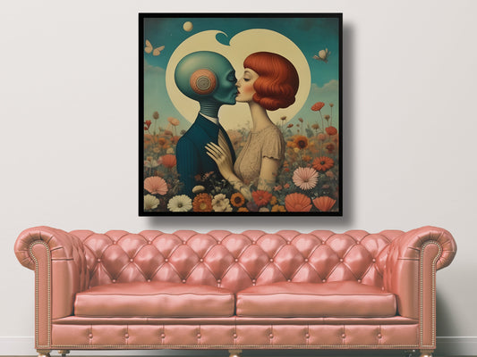 Impression d’art surréaliste, Téléchargement numérique, Couple Embrace with Nature Background, Rapport 1:1, Affiche Alien, Aliens Wall Art vintage SciFi Poster