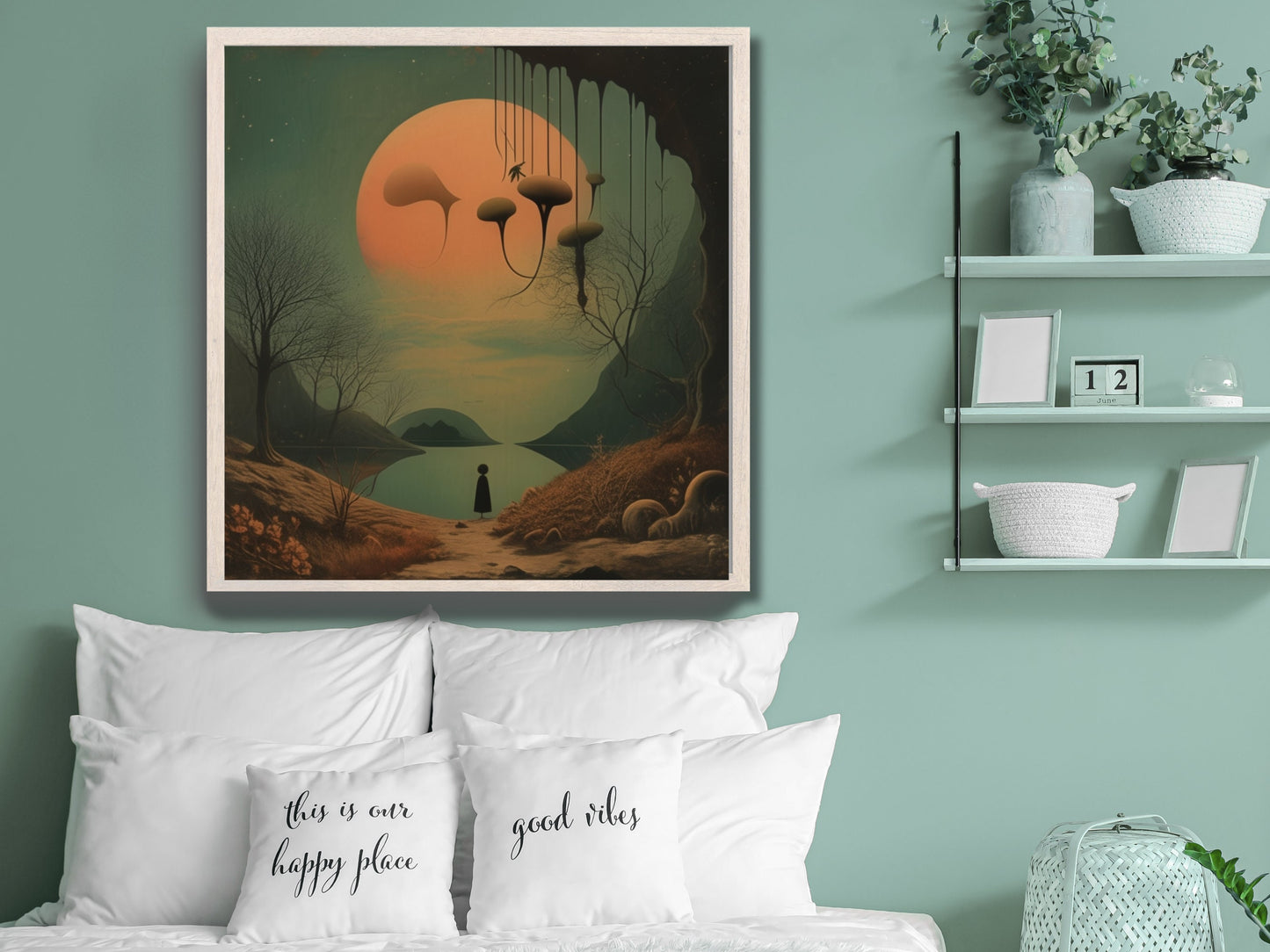 Paysage surréaliste Digital Wall Art, Orange Moon Over Lake, Téléchargement instantané, Scène de nature éthérée, Décor de rêve, Ratio 1:1, Scifi rétro