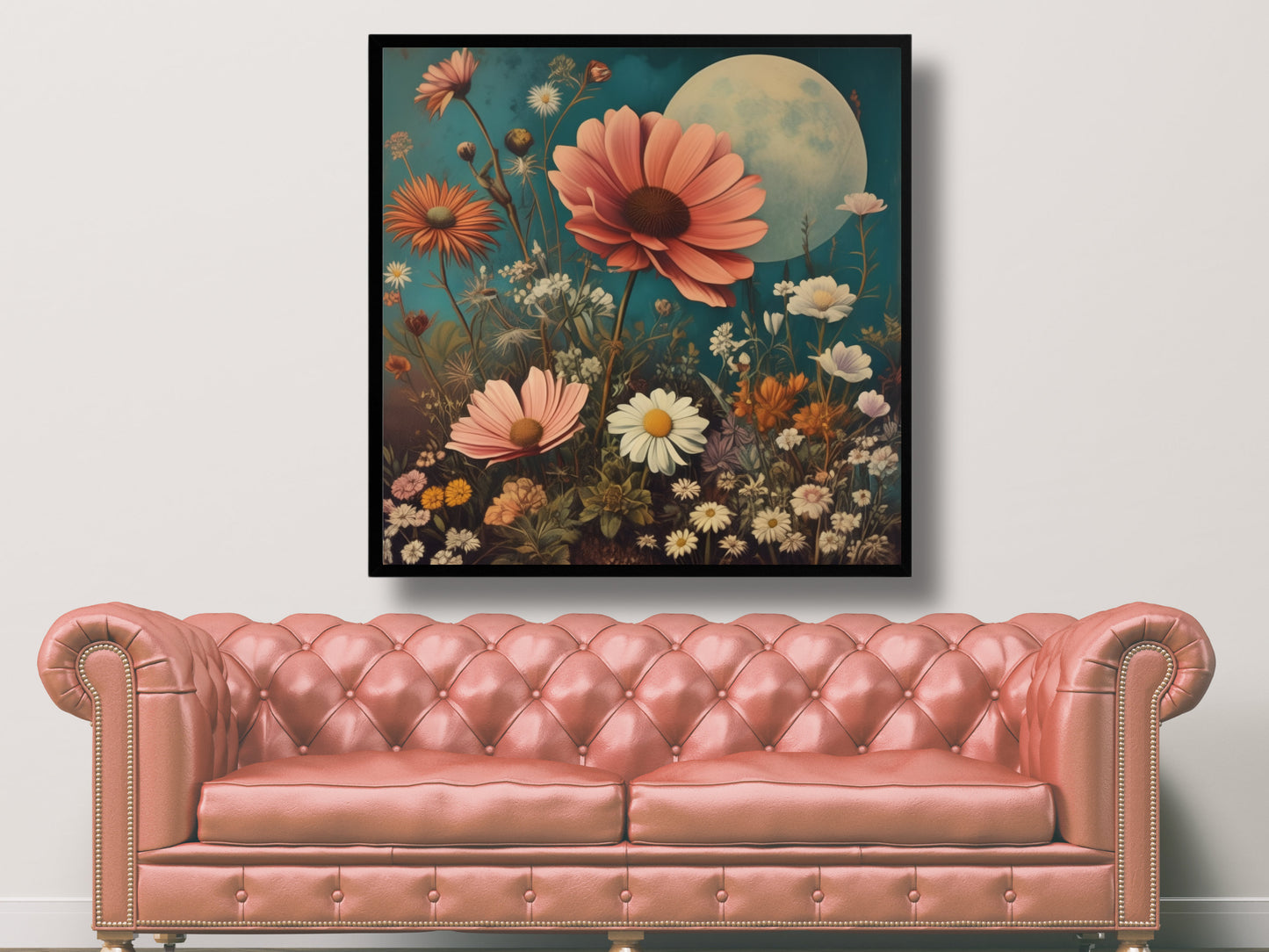 Surrealist Floral Art Print, Moonlit Garden Scene, Digital Wall Art