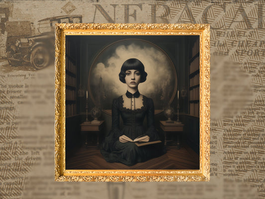 Dark Academia Vintage Library Wall Art, Moody Aesthetic Woman Reading