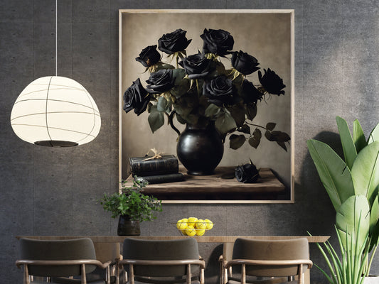 Dark Academia Black Roses Digital Print, Moody Floral Wall Art, Vintage Style Home Decor