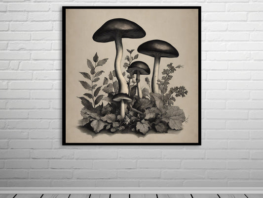 Dark Academia Mushroom Art Print, Vintage Style Fungi and Fern Illustration