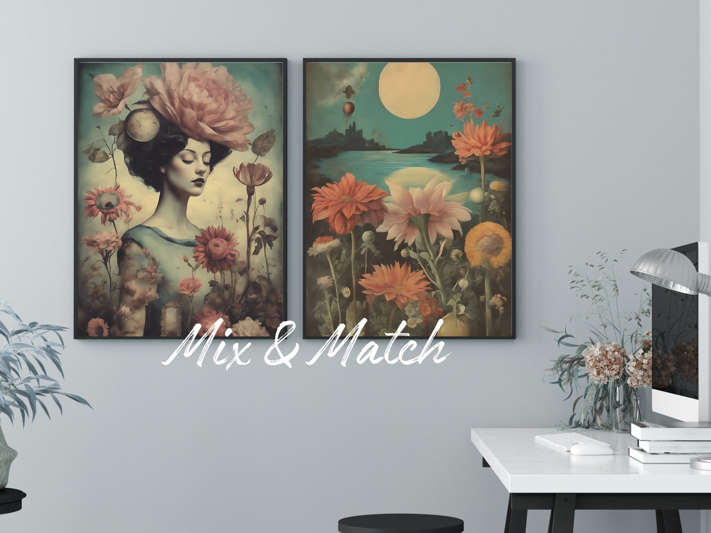 Wild Flowers Bloom Under Full Moon: Vintage Surrealist Cityscape Wall Art