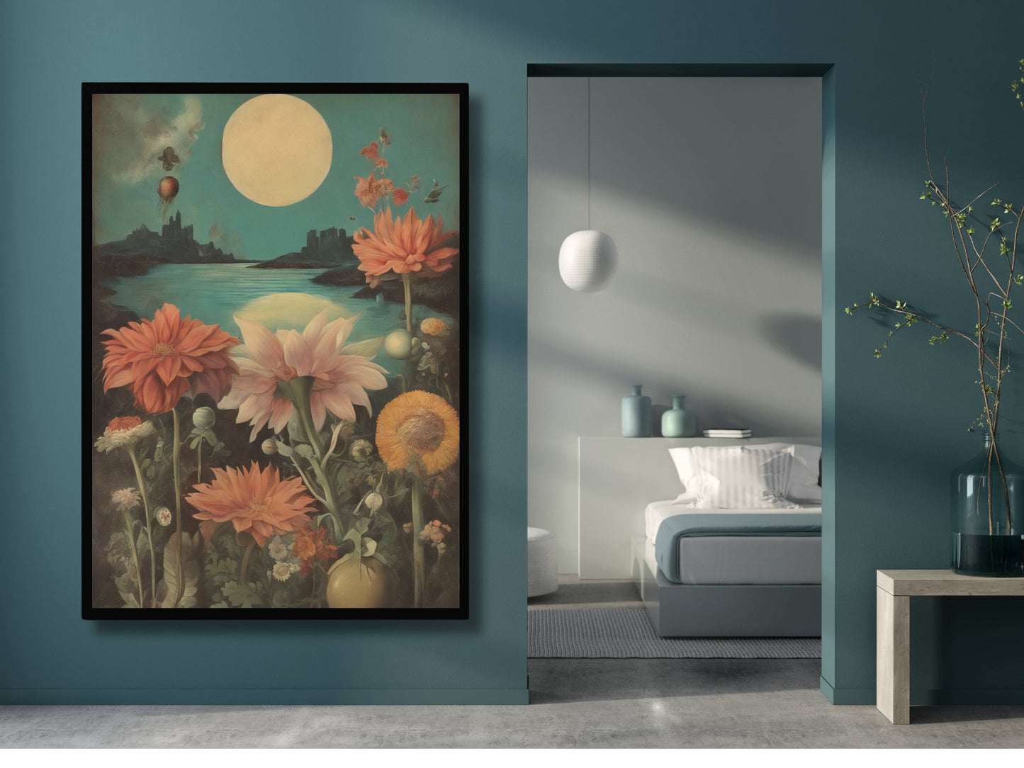 Wild Flowers Bloom Under Full Moon: Vintage Surrealist Cityscape Wall Art