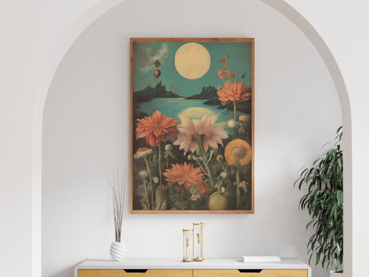 Belles fleurs de fleurs sauvages sous la lueur enchanteresse d’une pleine lune, un art mural surréaliste vintage imprimable, paysage urbain du lac