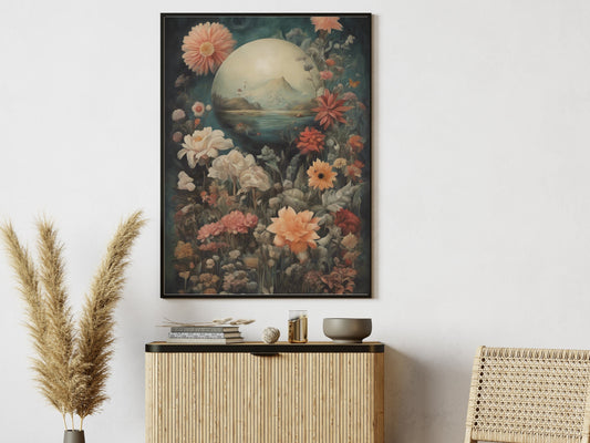 Art Mural Paysage surréaliste vintage avec Lune et fleurs représentant jardin éthéré surréaliste