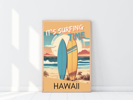 Vintage Hawaii Surfing Time Poster, Colorful Retro Beach Wall Art, Digital Download